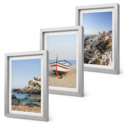 Composizione di 3 quadri Panorami marini con barca e case bianche in Grecia