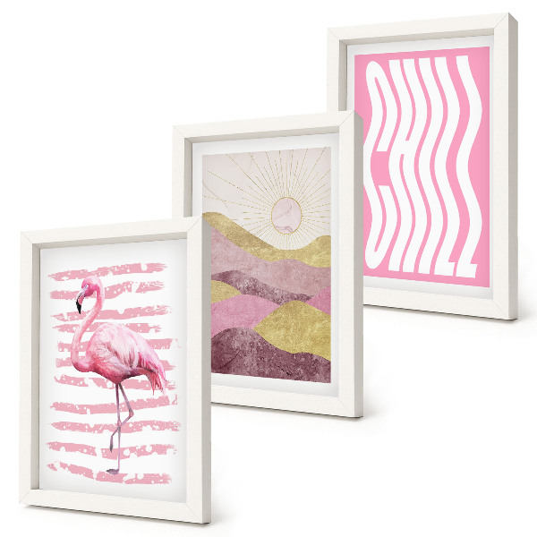 Composizione di 3 quadri Fenicotteri rosa, paesaggio montano pastello, scritta rilassante