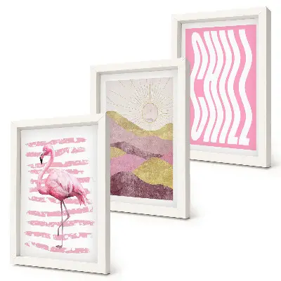 Composizione di 3 quadri con fenicotteri rosa, paesaggio montano pastello e scritta rilassante