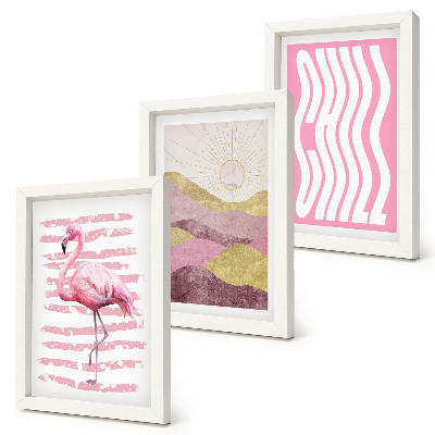 Composizione di 3 quadri Fenicotteri rosa, paesaggio montano pastello, scritta rilassante