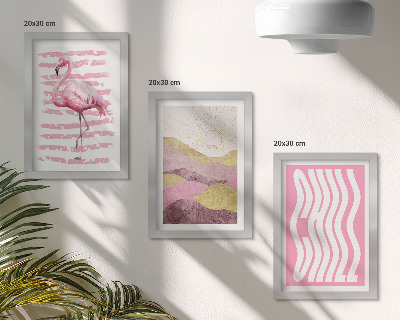 Composizione di 3 quadri Fenicotteri rosa, paesaggio montano pastello, scritta rilassante