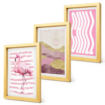 Composizione di 3 quadri Fenicotteri rosa, paesaggio montano pastello, scritta rilassante