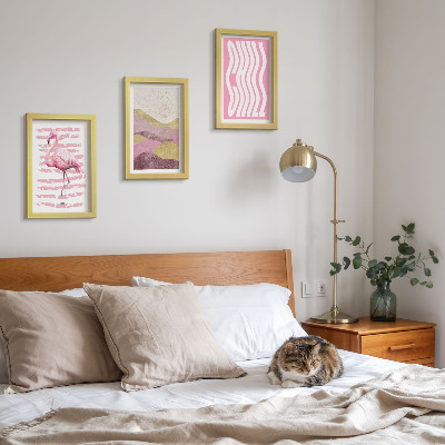 Composizione di 3 quadri Fenicotteri rosa, paesaggio montano pastello, scritta rilassante