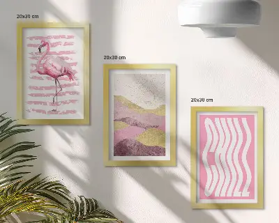 Composizione di 3 quadri con fenicotteri rosa, paesaggio montano pastello e scritta rilassante