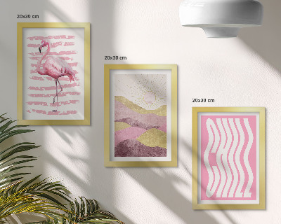 Composizione di 3 quadri Fenicotteri rosa, paesaggio montano pastello, scritta rilassante