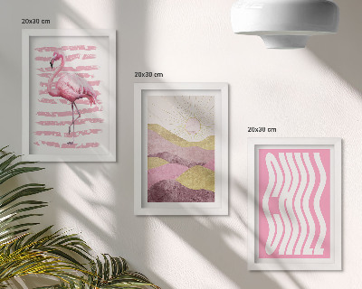 Composizione di 3 quadri Fenicotteri rosa, paesaggio montano pastello, scritta rilassante