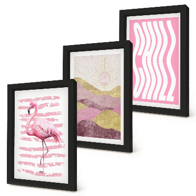 Composizione di 3 quadri Fenicotteri rosa, paesaggio montano pastello, scritta rilassante