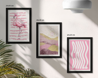 Composizione di 3 quadri Fenicotteri rosa, paesaggio montano pastello, scritta rilassante