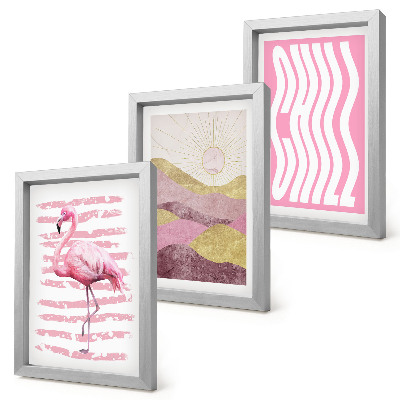 Composizione di 3 quadri Fenicotteri rosa, paesaggio montano pastello, scritta rilassante