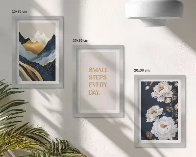 Trittico incorniciato con motivi di montagne astratte, fiori e scritte ispiratrici