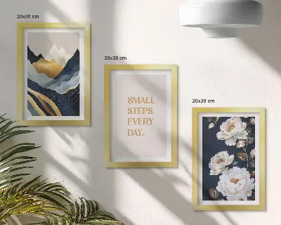 Trittico incorniciato con motivi di montagne astratte, fiori e scritte ispiratrici