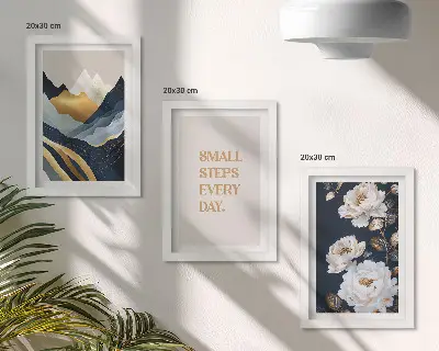 Trittico incorniciato con motivi di montagne astratte, fiori e scritte ispiratrici