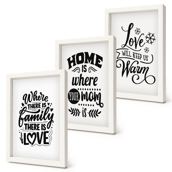 Composizione di 3 quadri Famiglia, amore, casa, calore in semplici slogan