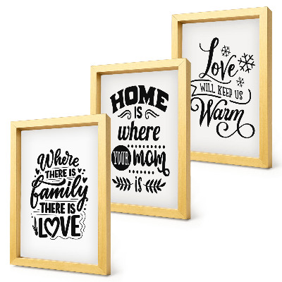 Composizione di 3 quadri Famiglia, amore, casa, calore in semplici slogan