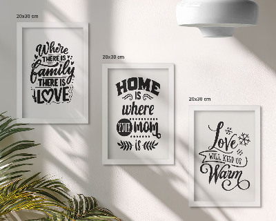 Composizione di 3 quadri Famiglia, amore, casa, calore in semplici slogan