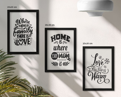Composizione di 3 quadri Famiglia, amore, casa, calore in semplici slogan