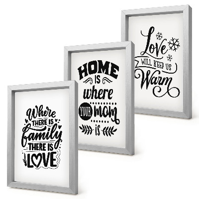 Composizione di 3 quadri Famiglia, amore, casa, calore in semplici slogan