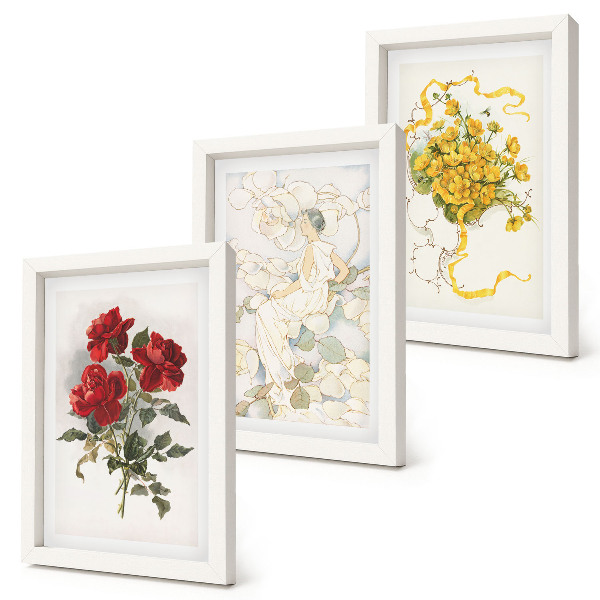 Composizione di 3 quadri Rose rosse, figura bianca, fiori gialli in un vaso
