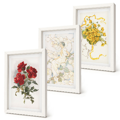 Composizione di 3 quadri Rose rosse, figura bianca, fiori gialli in un vaso