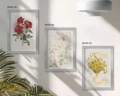 Composizione di 3 quadri con rose rosse, figura bianca e fiori gialli in un vaso