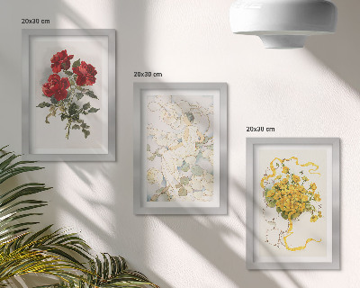 Composizione di 3 quadri Rose rosse, figura bianca, fiori gialli in un vaso