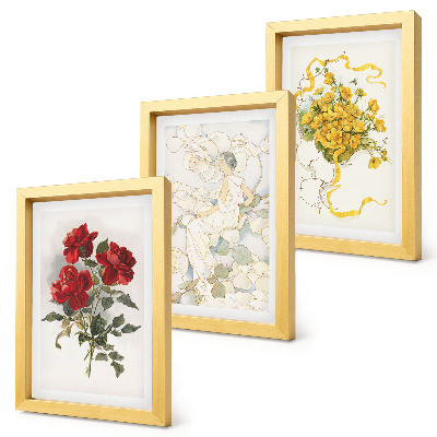 Composizione di 3 quadri Rose rosse, figura bianca, fiori gialli in un vaso
