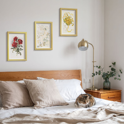 Composizione di 3 quadri Rose rosse, figura bianca, fiori gialli in un vaso