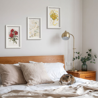 Composizione di 3 quadri Rose rosse, figura bianca, fiori gialli in un vaso