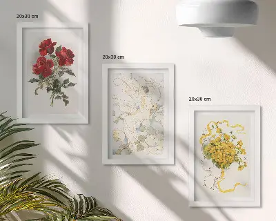 Composizione di 3 quadri con rose rosse, figura bianca e fiori gialli in un vaso