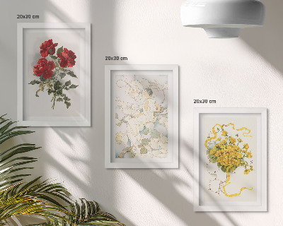 Composizione di 3 quadri Rose rosse, figura bianca, fiori gialli in un vaso
