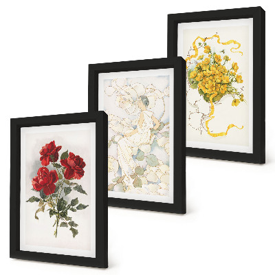 Composizione di 3 quadri Rose rosse, figura bianca, fiori gialli in un vaso