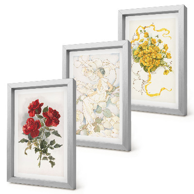 Composizione di 3 quadri Rose rosse, figura bianca, fiori gialli in un vaso