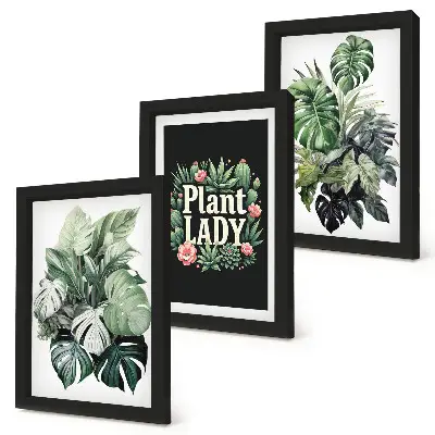 Trittico di quadri incorniciati con piante tropicali e scritta 