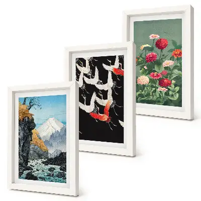 Trittico incorniciato montagne con cascata, uccelli in volo e fiori colorati