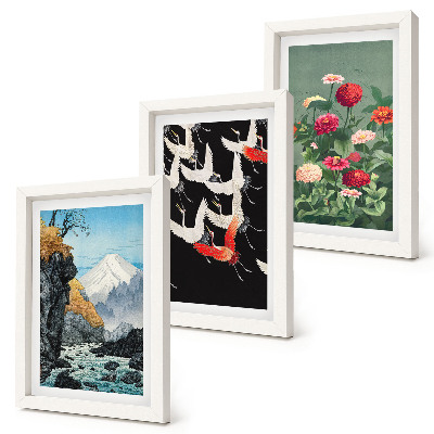 Trittico incorniciato Montagne con una cascata, uccelli in volo e fiori colorati