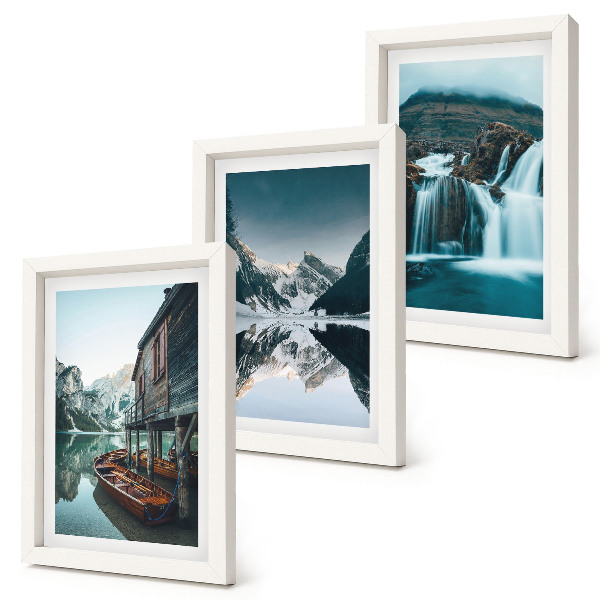 Composizione di 3 quadri Paesaggi montani con cascata e lago