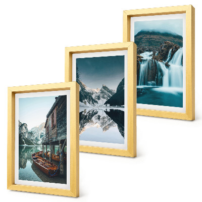 Composizione di 3 quadri Paesaggi montani con cascata e lago