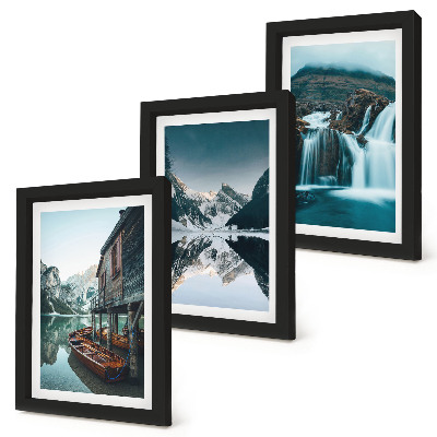 Composizione di 3 quadri Paesaggi montani con cascata e lago