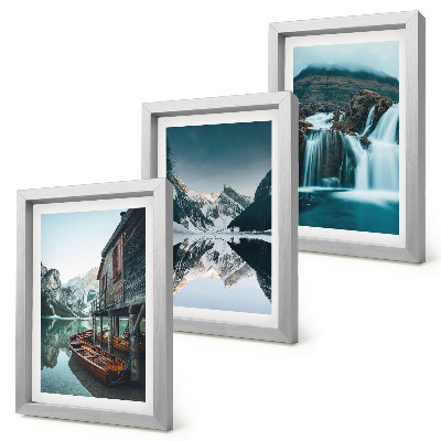 Composizione di 3 quadri Paesaggi montani con cascata e lago