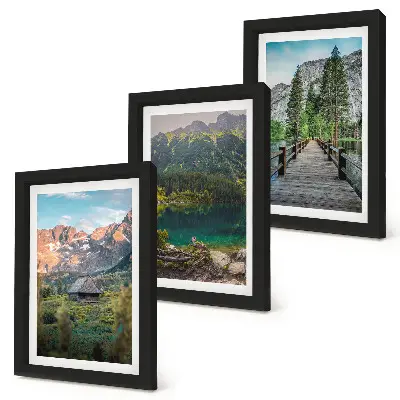 Composizione di 3 quadri paesaggi montani con lago e pontile in legno