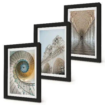 Trittico incorniciato con la scala a chiocciola della cattedrale, la vista della facciata dell'edificio e un corridoio piastrellato