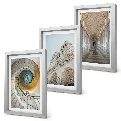 Trittico incorniciato La scala a chiocciola della cattedrale, la vista della facciata dell'edificio e un corridoio piastrellato.