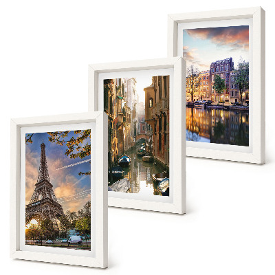 Composizione di 3 quadri La Torre Eiffel, i canali di Venezia e le vie di Amsterdam.