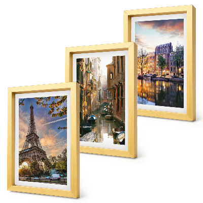 Composizione di 3 quadri La Torre Eiffel, i canali di Venezia e le vie di Amsterdam.