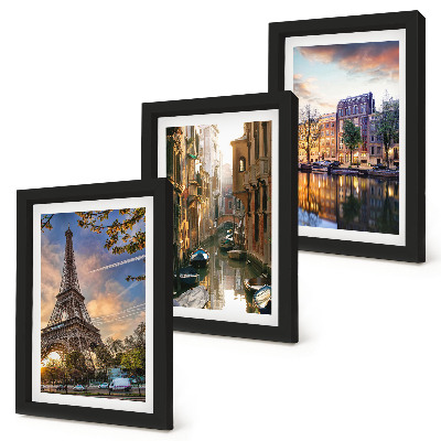 Composizione di 3 quadri La Torre Eiffel, i canali di Venezia e le vie di Amsterdam.