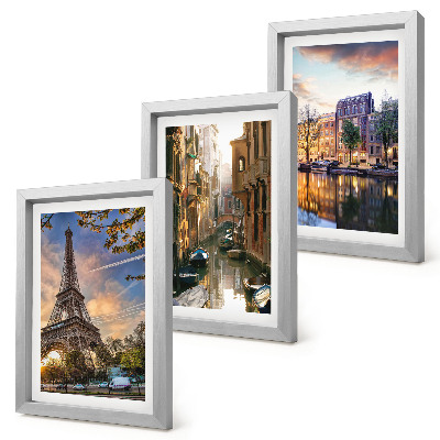 Composizione di 3 quadri La Torre Eiffel, i canali di Venezia e le vie di Amsterdam.