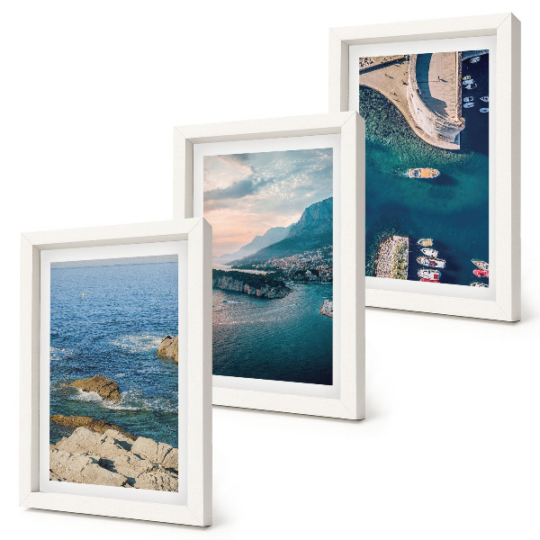 Composizione di 3 quadri Panorami marini con scogliere e porti di montagna