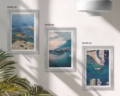 Composizione di 3 quadri Panorami marini con scogliere e porti di montagna