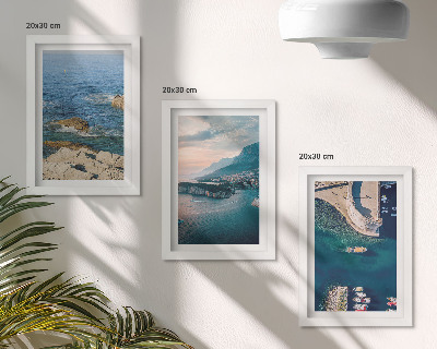 Composizione di 3 quadri Panorami marini con scogliere e porti di montagna