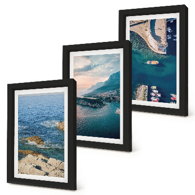Composizione di 3 quadri Panorami marini con scogliere e porti di montagna